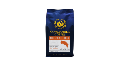 Coffee bag from Commander Coffee with a blue label on a white background
