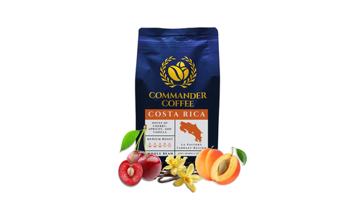 Coffee bag labeled 'Commander Coffee Costa Rica' with coffee beans, cherries, vanilla, and apricots on a white background