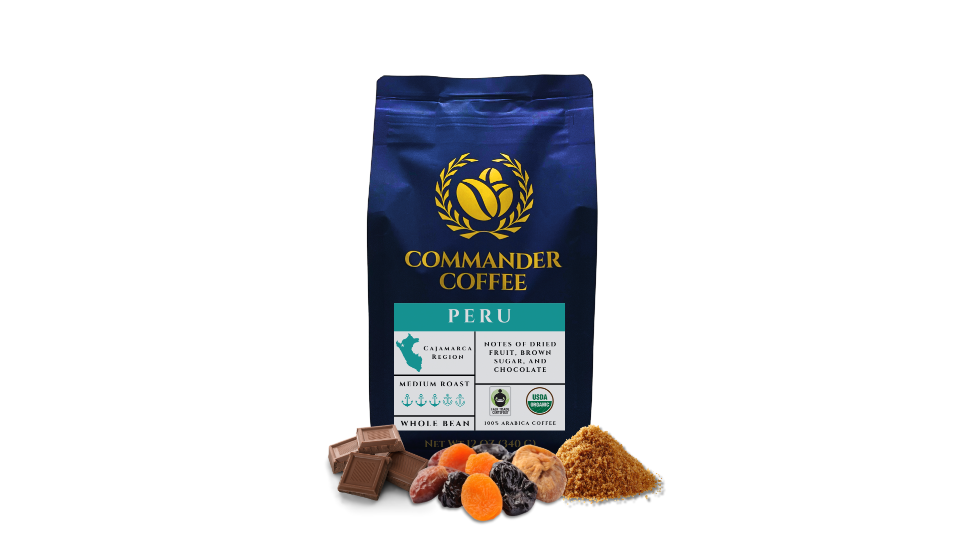 Commander Coffee Bag featuring Peru Coffee from Cajamarca Region showing chocolate chunks, dried fruit, and brown sugar around the bottom of the bag.